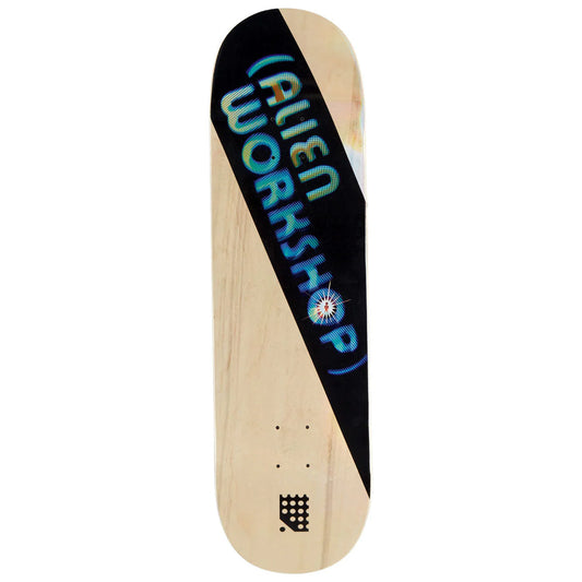 Skateboard deck with 'Alien Workshop' logo on a white background