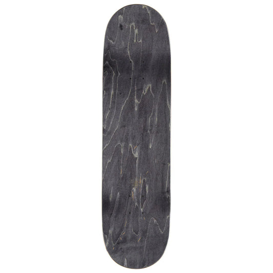 Skateboard deck with a black and gray marbled pattern on a white background