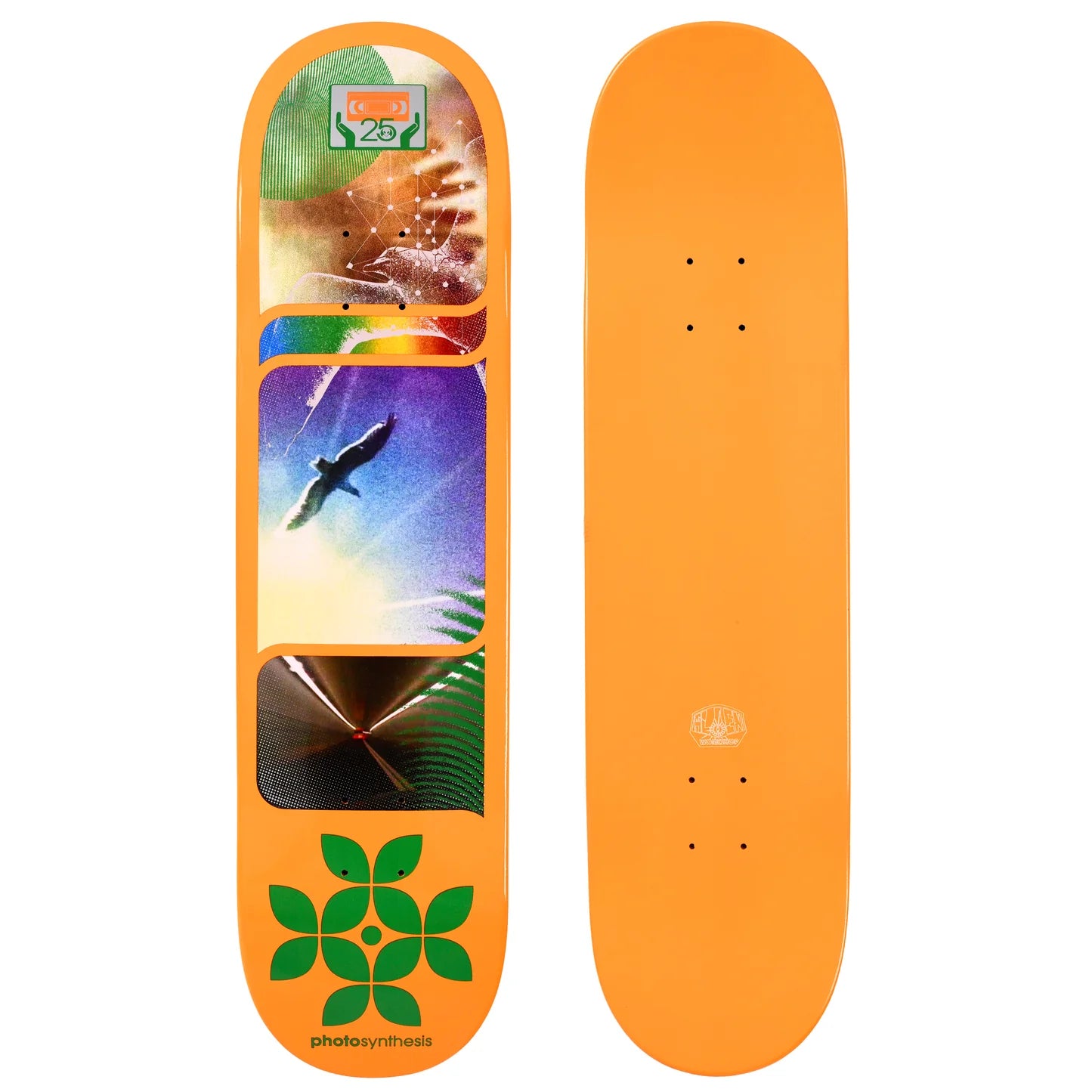 Orange skateboard deck with a colorful design on one side and a plain back side.