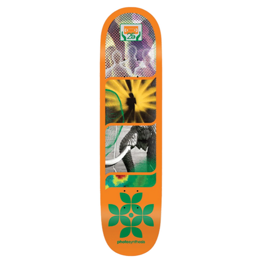 Skateboard deck with colorful graphics on an orange background