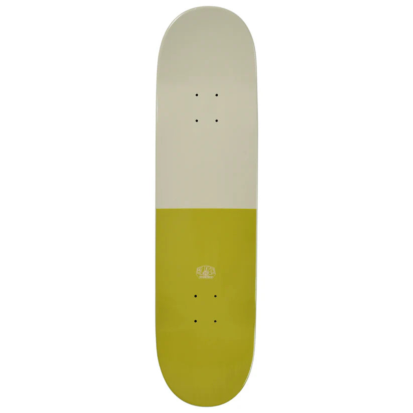 Skateboard deck with a two-tone design on a white background