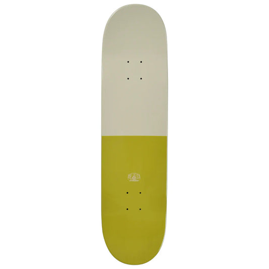 Skateboard deck with a two-tone design on a white background