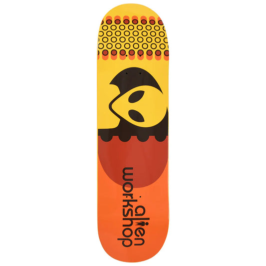 Skateboard deck with a yellow and orange design featuring a logo and 'workshop' text on a white background.