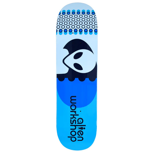 Skateboard deck with a blue and black design featuring the 'workshop' logo on a white background.