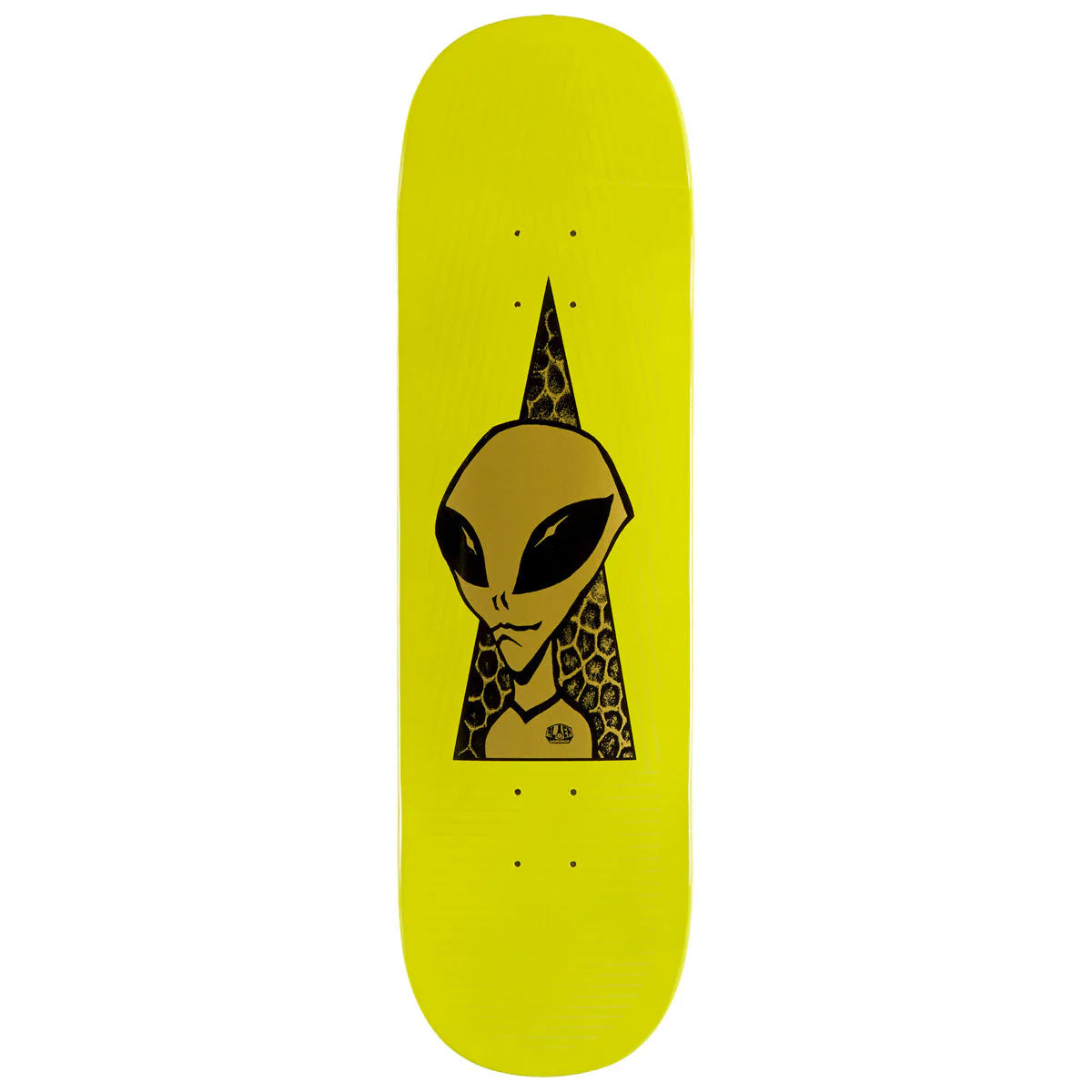 Skateboard deck with alien design on a yellow background