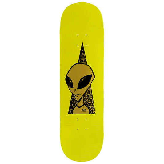 Skateboard deck with alien design on a yellow background