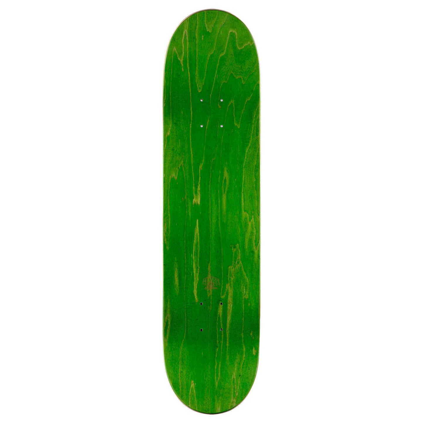 A green skateboard deck with a natural wood grain pattern, shown vertically against a plain white background.