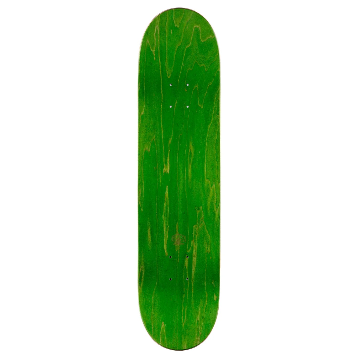 A green skateboard deck with a natural wood grain pattern, shown vertically against a plain white background.