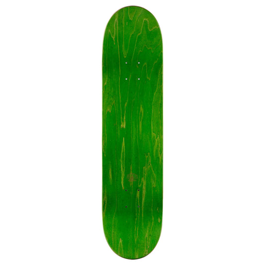 A green skateboard deck with a natural wood grain pattern, shown vertically against a plain white background.