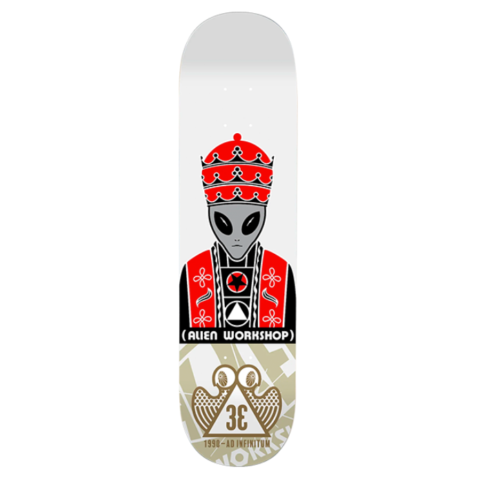 Skateboard deck with alien design and 'Alien Workshop' branding on a white background