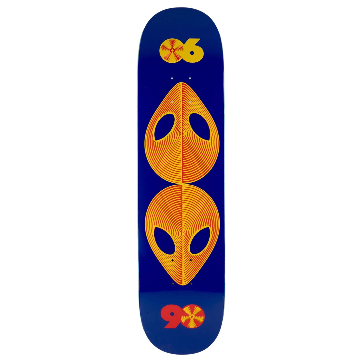 A skateboard deck with a deep blue background featuring a large orange alien head graphic in the center