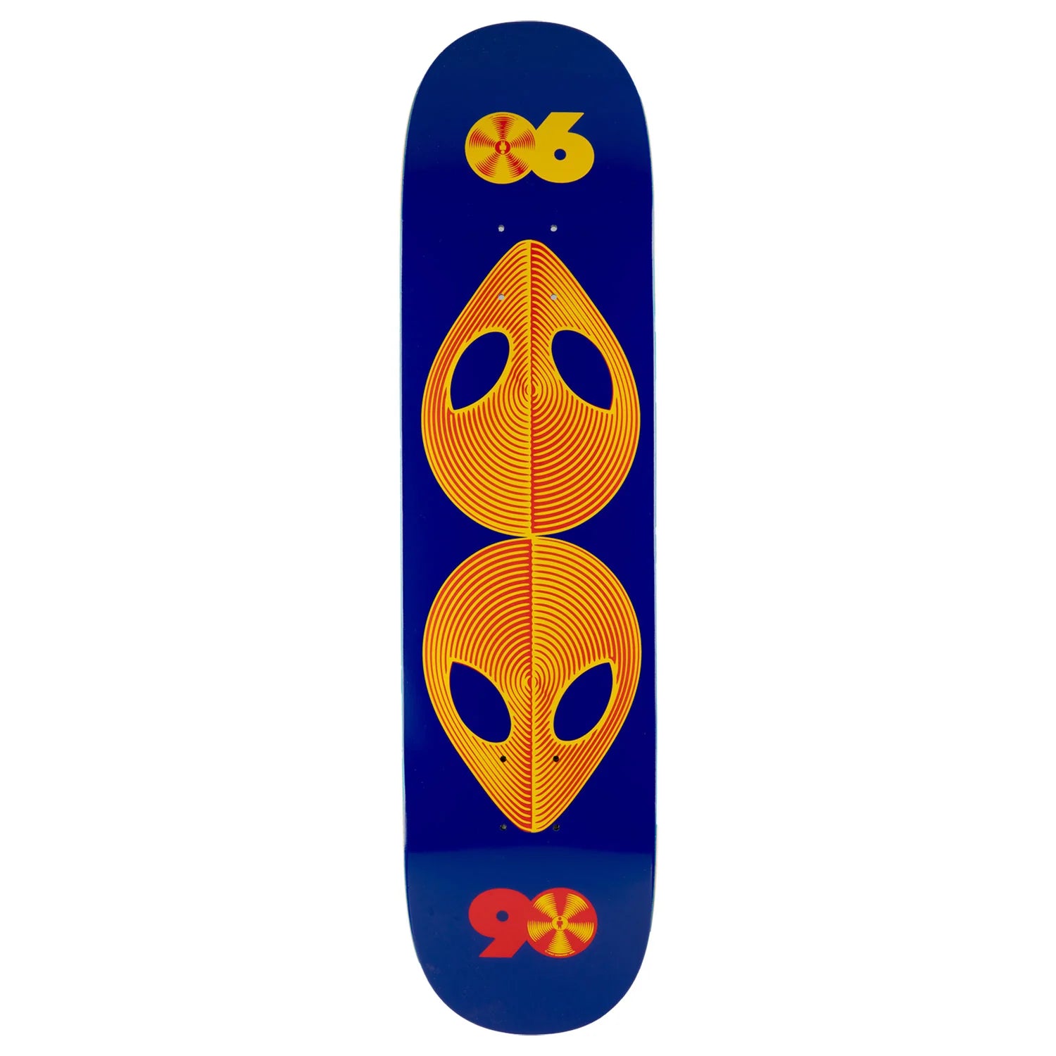 A skateboard deck with a deep blue background featuring a large orange alien head graphic in the center