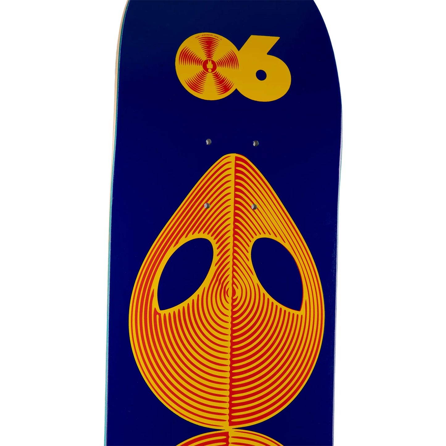 A skateboard deck featuring a deep blue background with a large yellow and orange concentric spiral design 