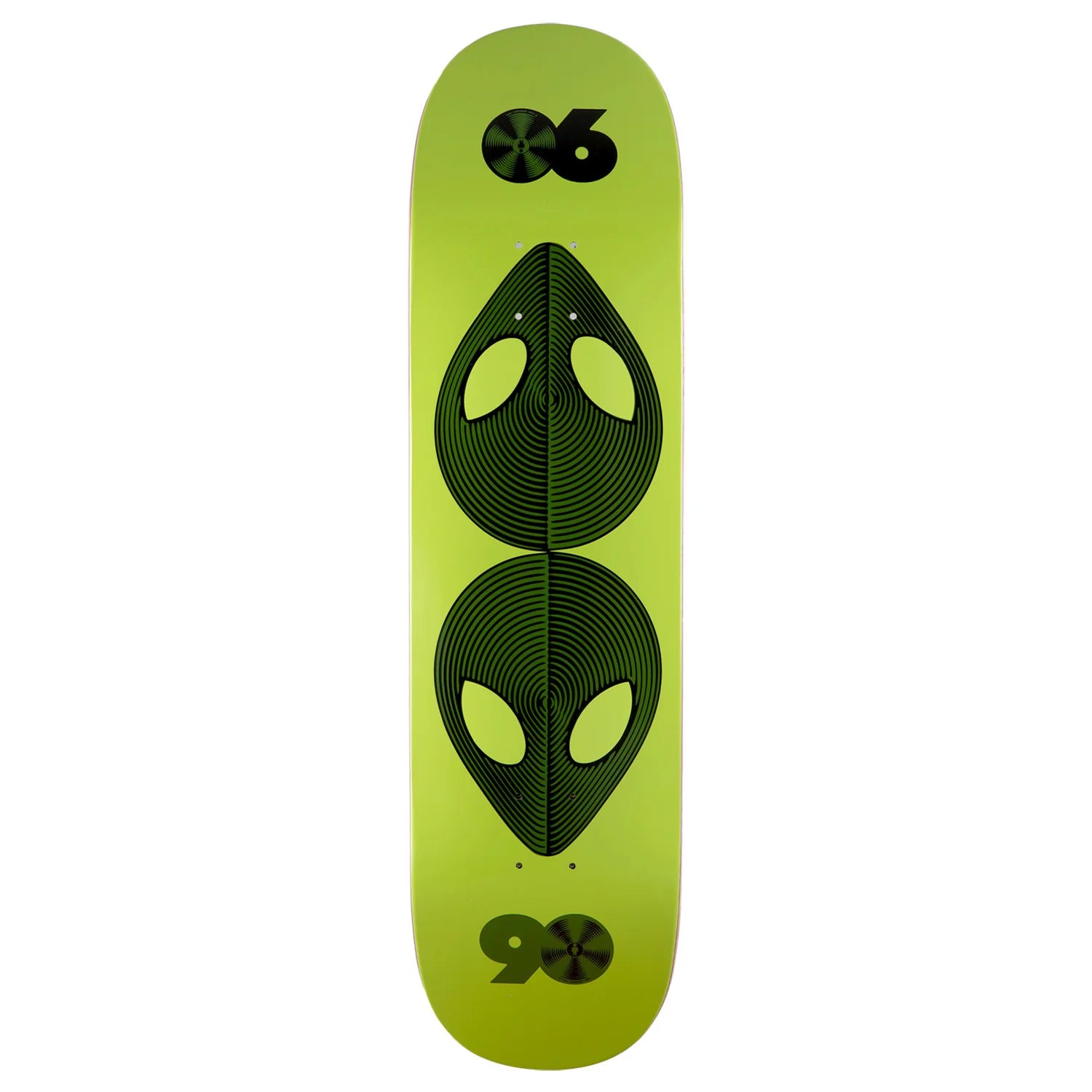 A skateboard deck with a bright lime green background and black graphic designs, including two alien-like faces in the center 