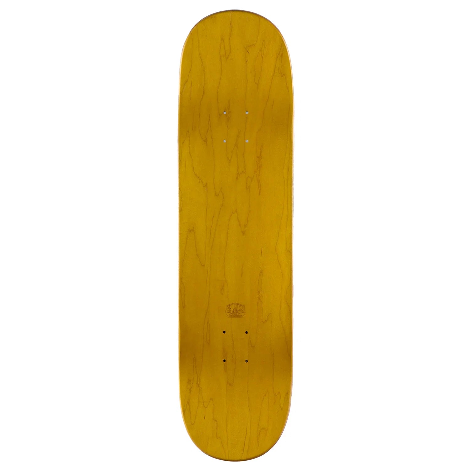 A skateboard deck with a glossy yellow wood grain finish, shown vertically against a plain white background.