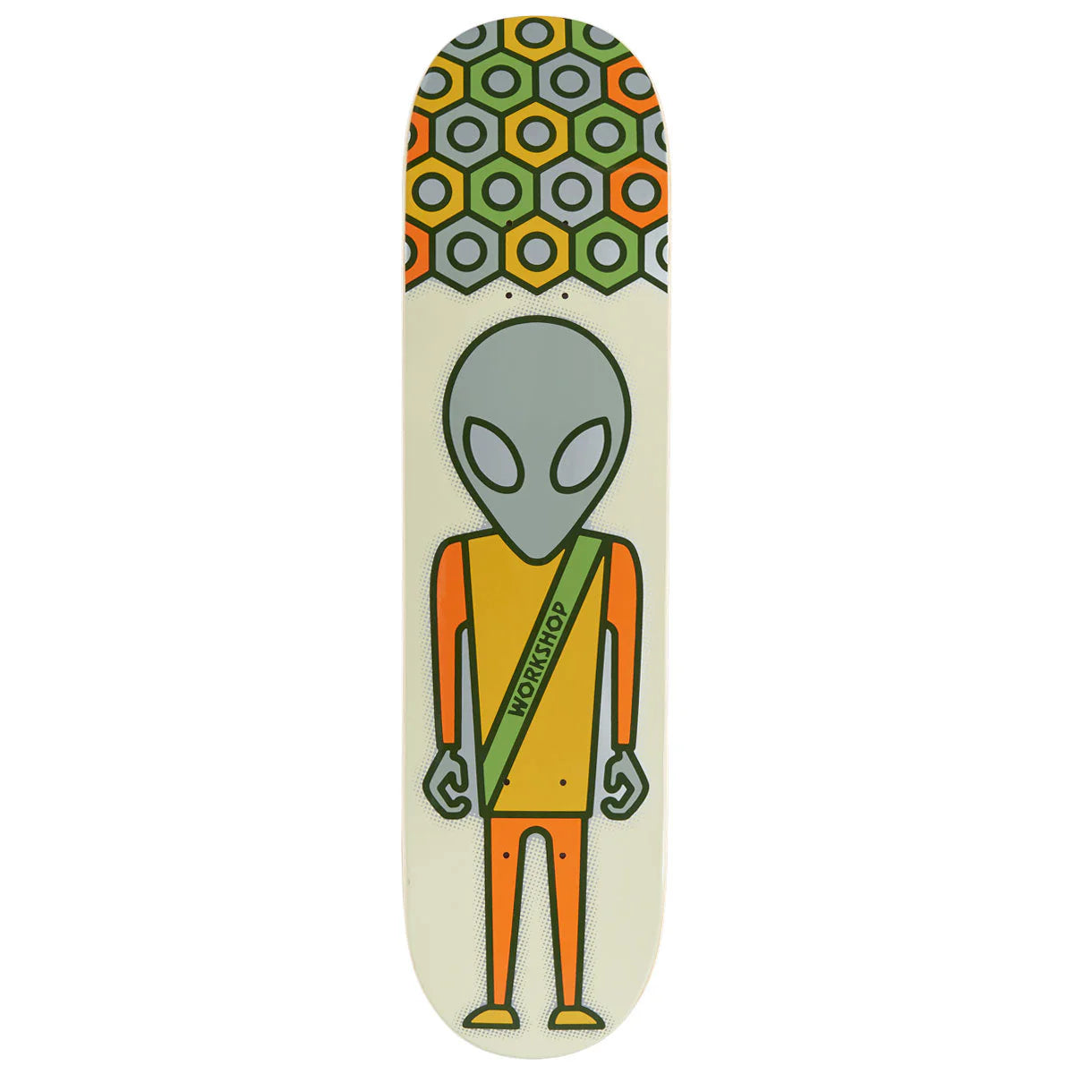 Skateboard deck with an alien design and geometric pattern on a white background