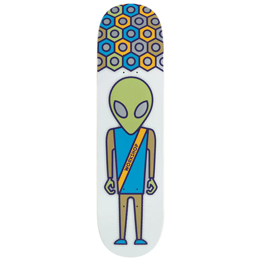 Skateboard deck with an alien design and geometric pattern on a white background