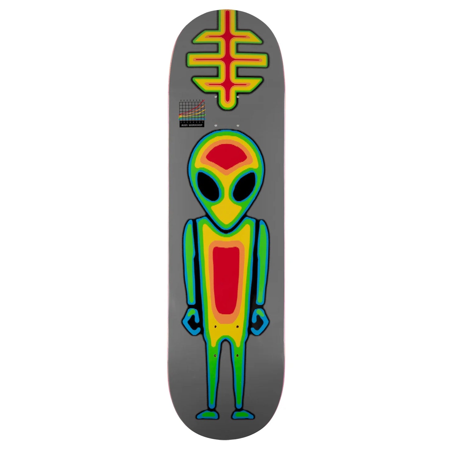 A skateboard deck featuring a gray background with a large retro alien graphic in green, yellow, and red, plus a matching green and yellow symbol near the top.
