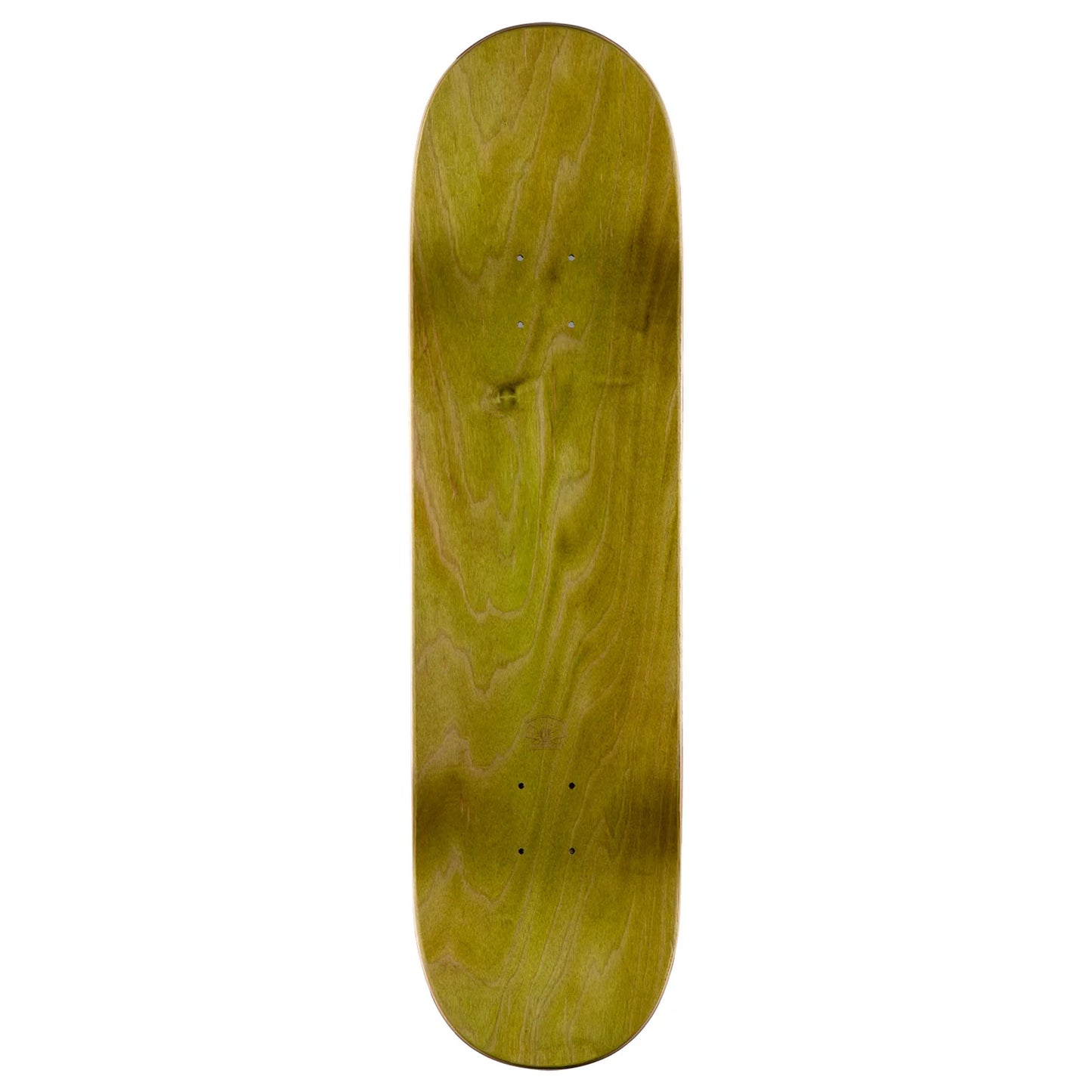 A skateboard deck blank made of olive green wood with a prominent wavy grain pattern, shown vertically against a plain white background.