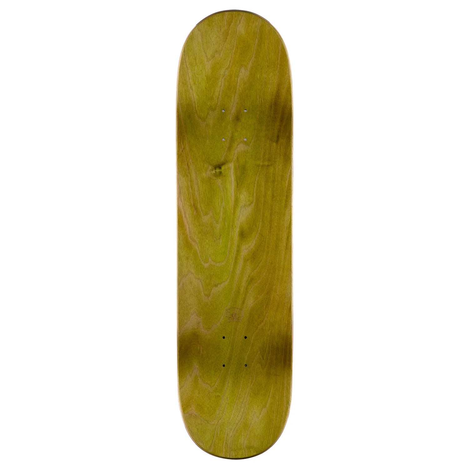A skateboard deck blank made of olive green wood with a prominent wavy grain pattern, shown vertically against a plain white background.