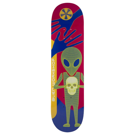 A skateboard deck featuring a colorful graphic design with a green wireframe alien holding a skull, set against a background of red, blue, and yellow with a yellow radioactive symbol at the nose.