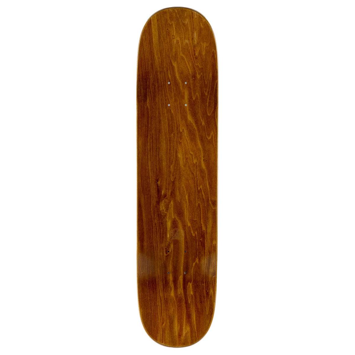 A wooden skateboard deck shown vertically against a plain white background, featuring a glossy brown wood grain finish.