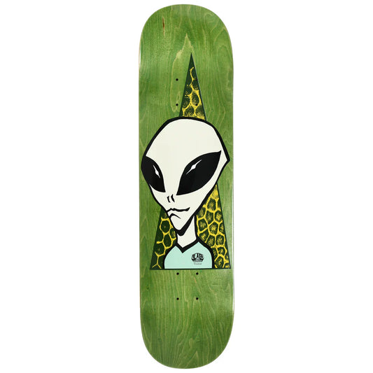 Skateboard deck with alien design on a green background