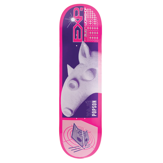Pink skateboard deck with a unicorn design on a white background