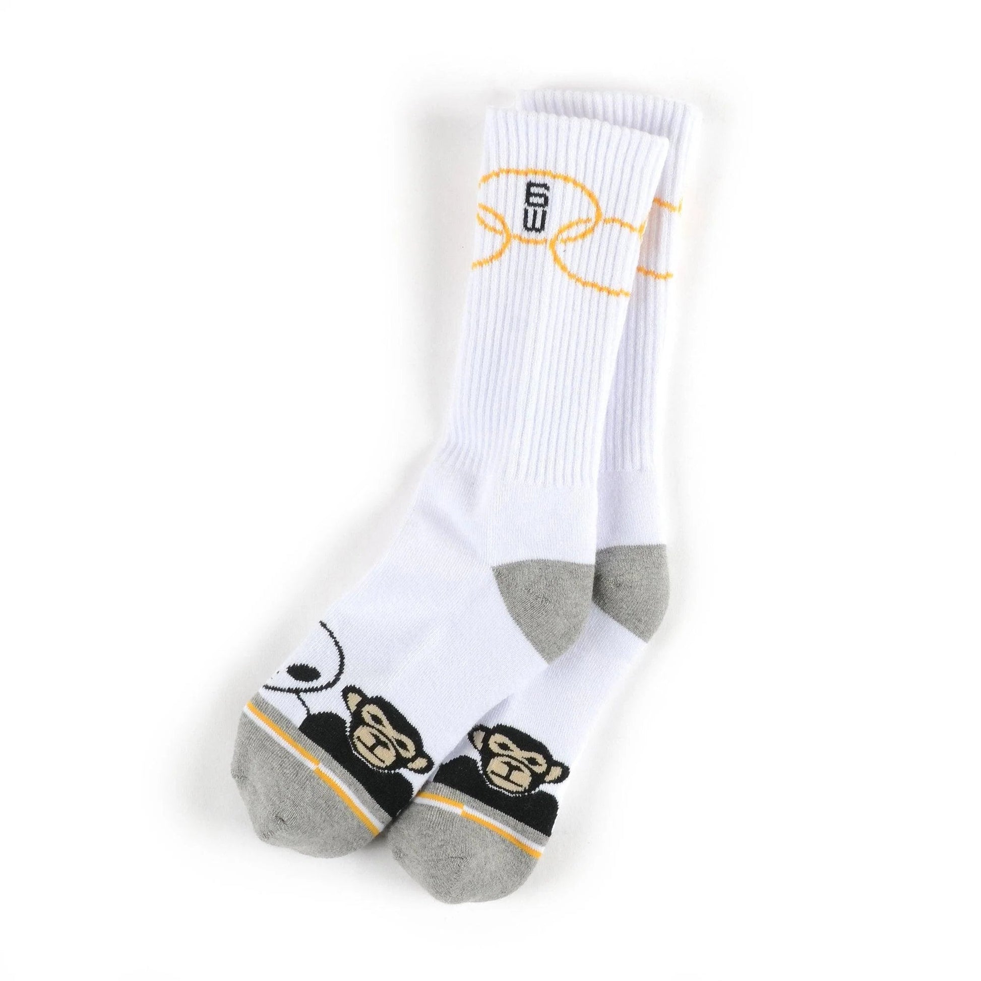 White socks with monkey design and gray toes on a white background