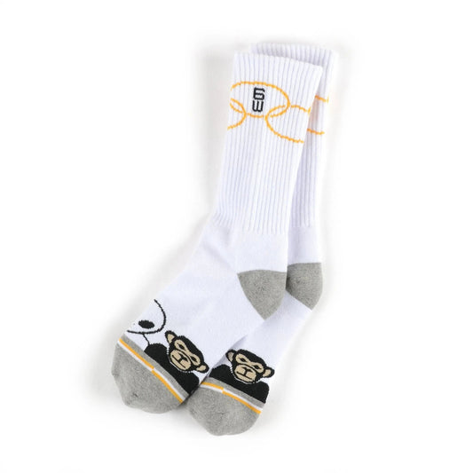 White socks with monkey design and gray toes on a white background