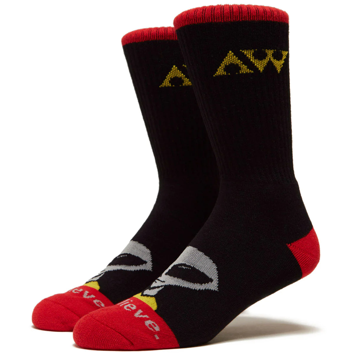 Black socks with red and yellow accents featuring a logo on a white background