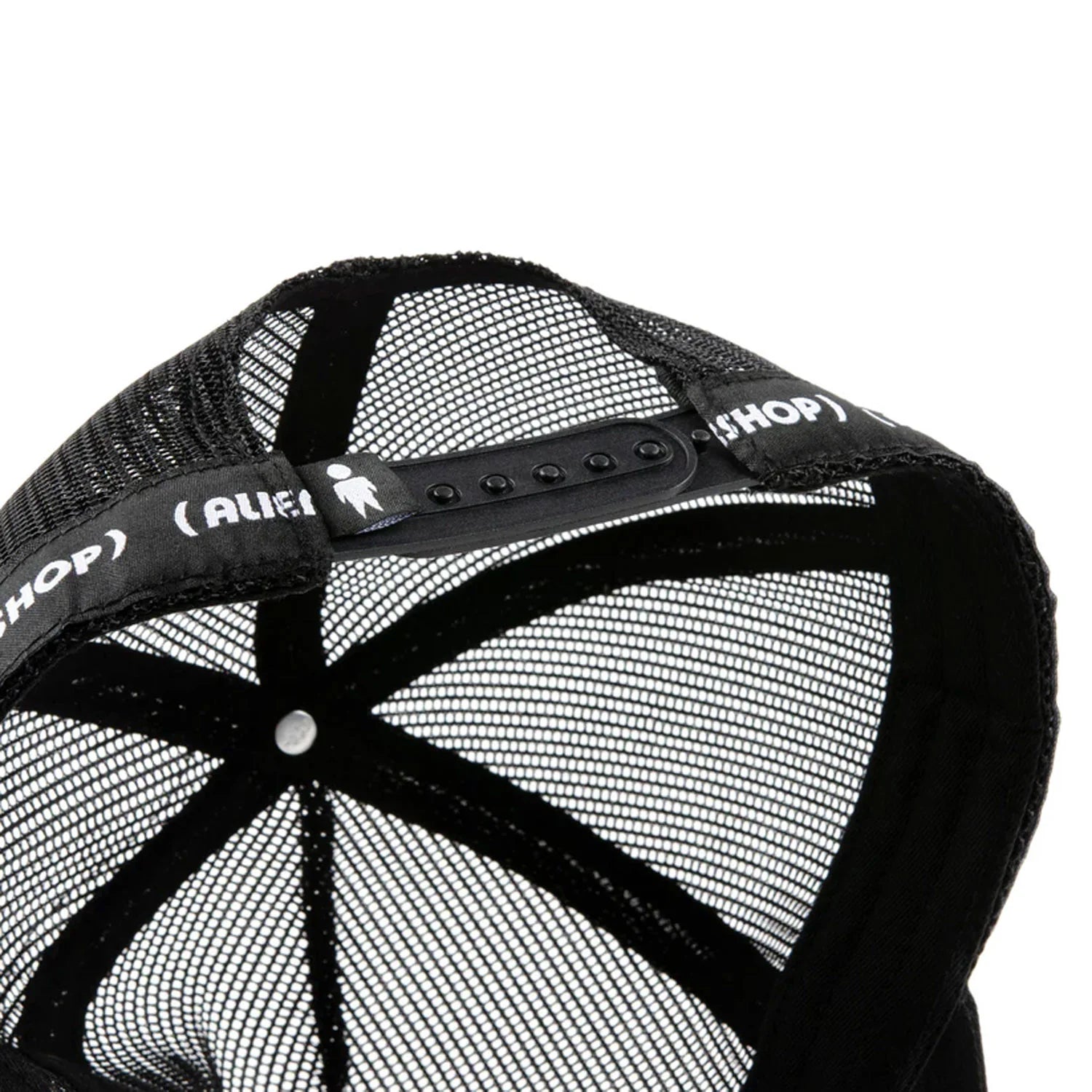 Black mesh cap with brand logo on a white background