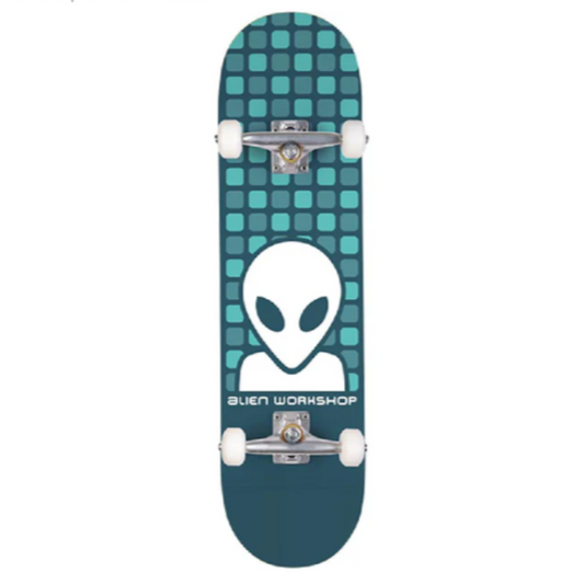 blue skateboard with alien graphic