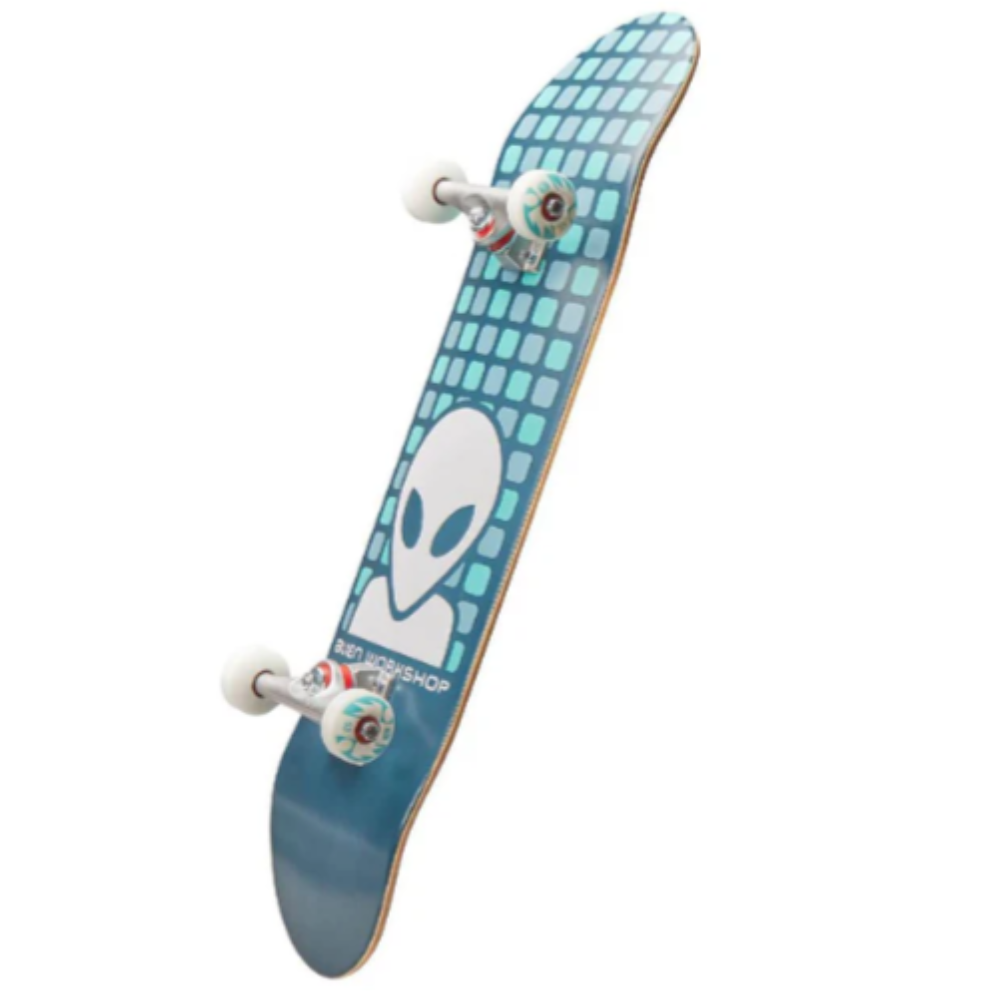 blue skateboard with alien graphic