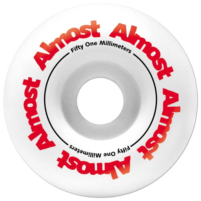 White skateboard wheel with red and black 'Almost' branding on a white background