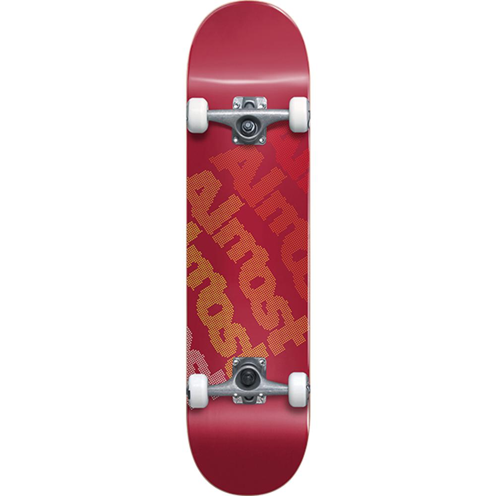 Red skateboard with 'Almost' logo on a white background