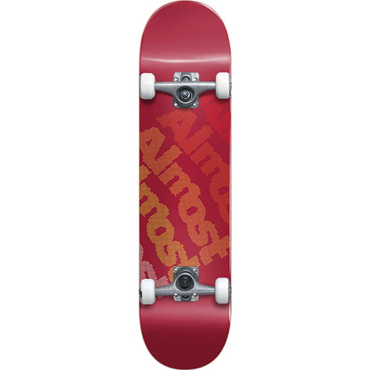 Red skateboard with 'Almost' logo on a white background