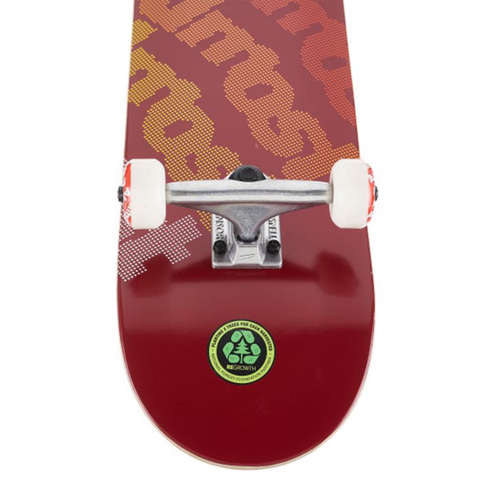 Red skateboard with a visible brand logo on a white background