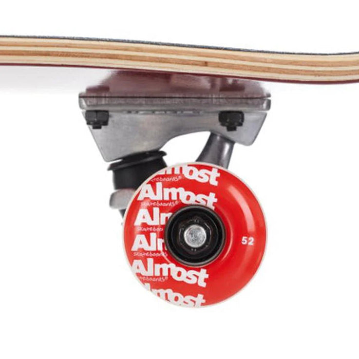 Close-up of a skateboard with a red wheel labeled 'Almost' on a white background