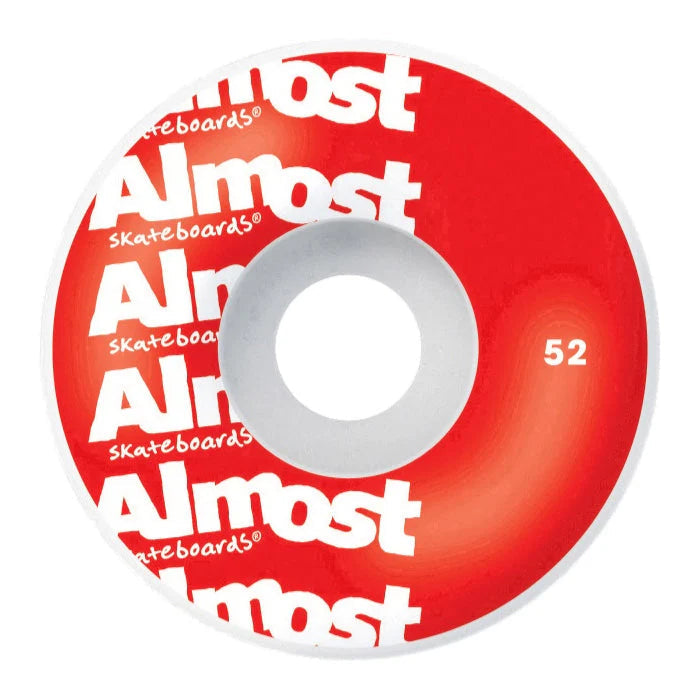 Red skateboard wheel with 'Almost' branding on a white background