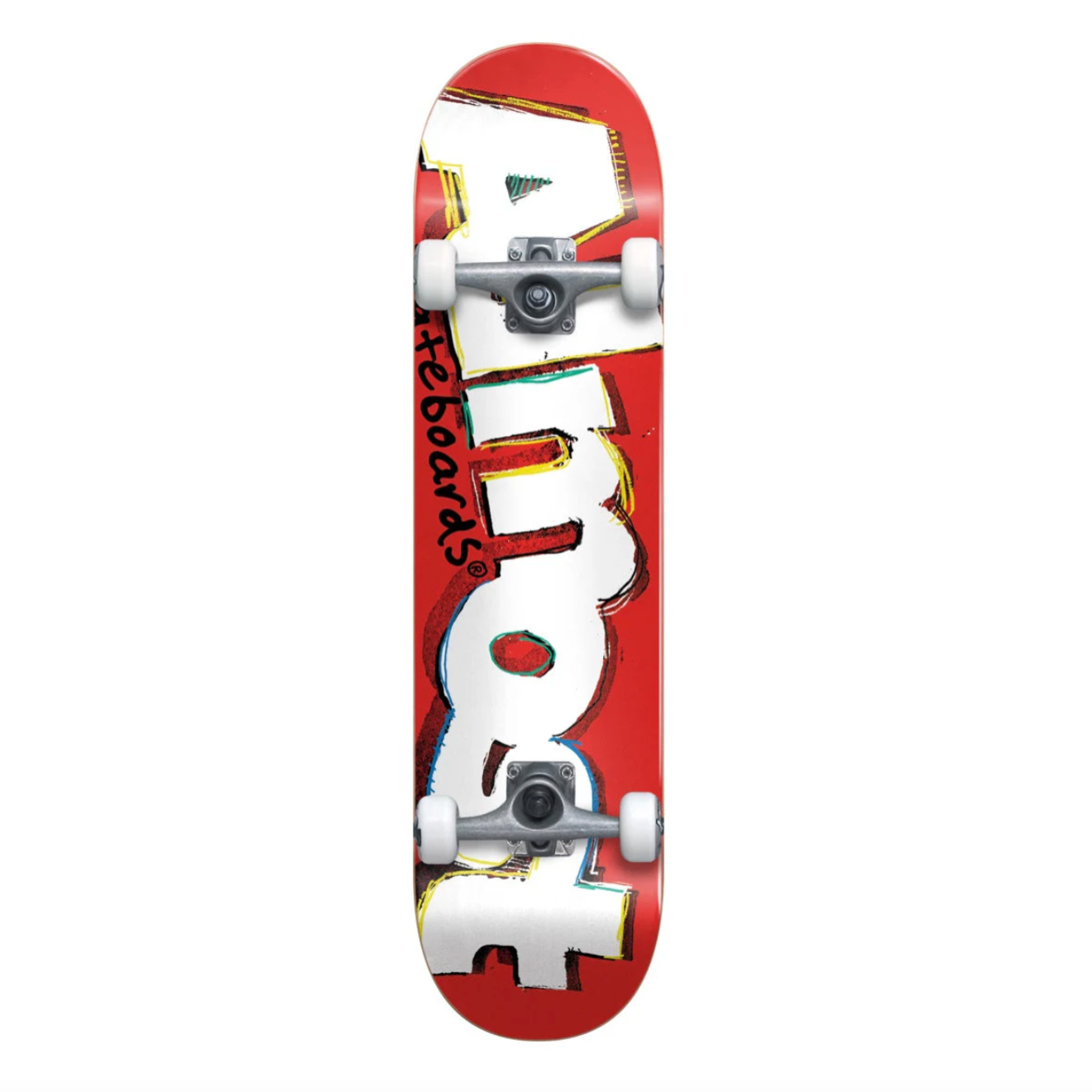 Skateboard with a red and white design on a white background