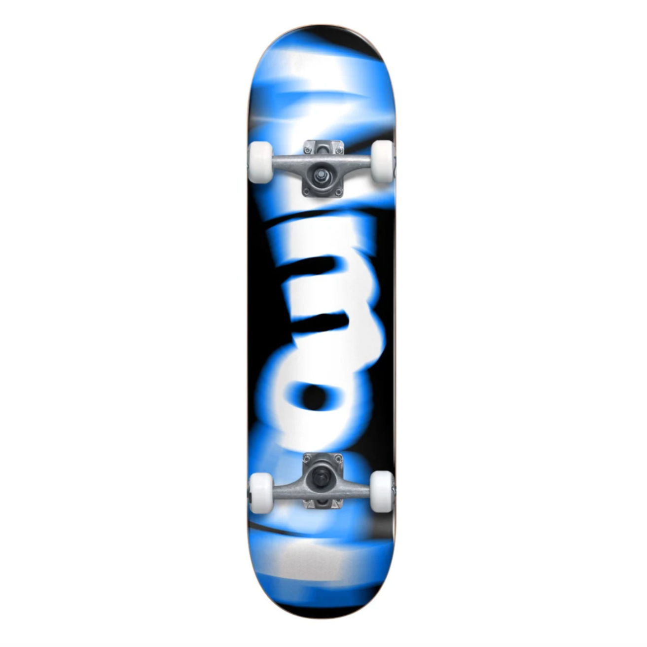 Skateboard deck with a blue and black design on a white background