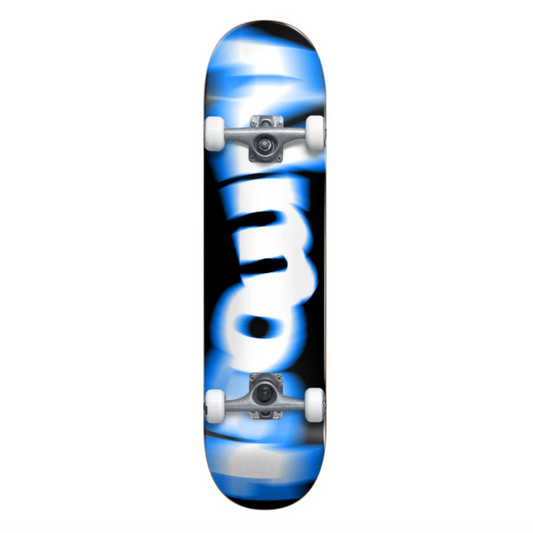 Skateboard deck with a blue and black design on a white background
