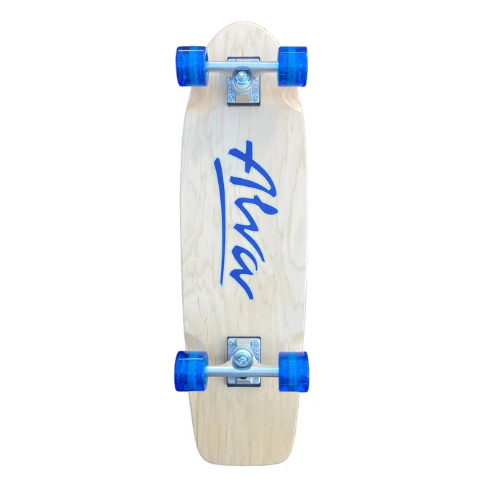 Wooden skateboard with blue wheels and 'Alva' branding on a white background