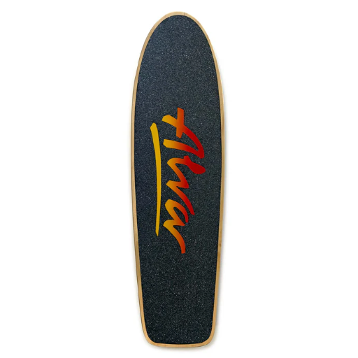 Skateboard deck with a brand logo on a white background