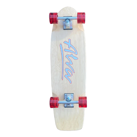 Skateboard with red wheels and a visible brand logo on a white background
