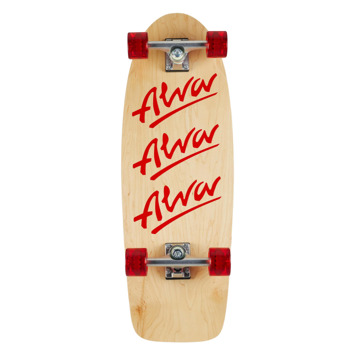 Wooden skateboard with red 'Alva' branding on a white background