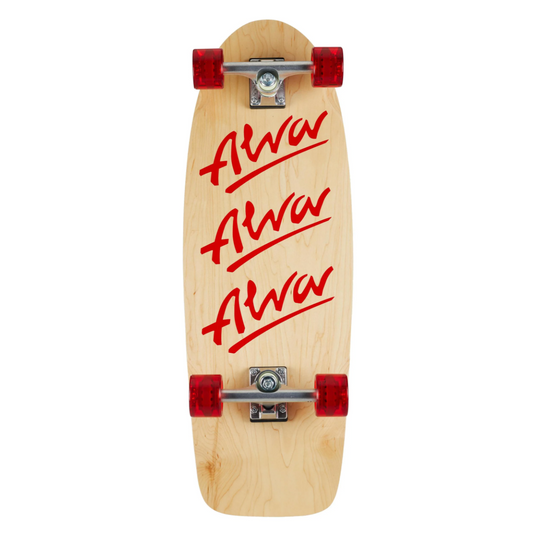 Wooden skateboard with red 'Alva' branding on a white background