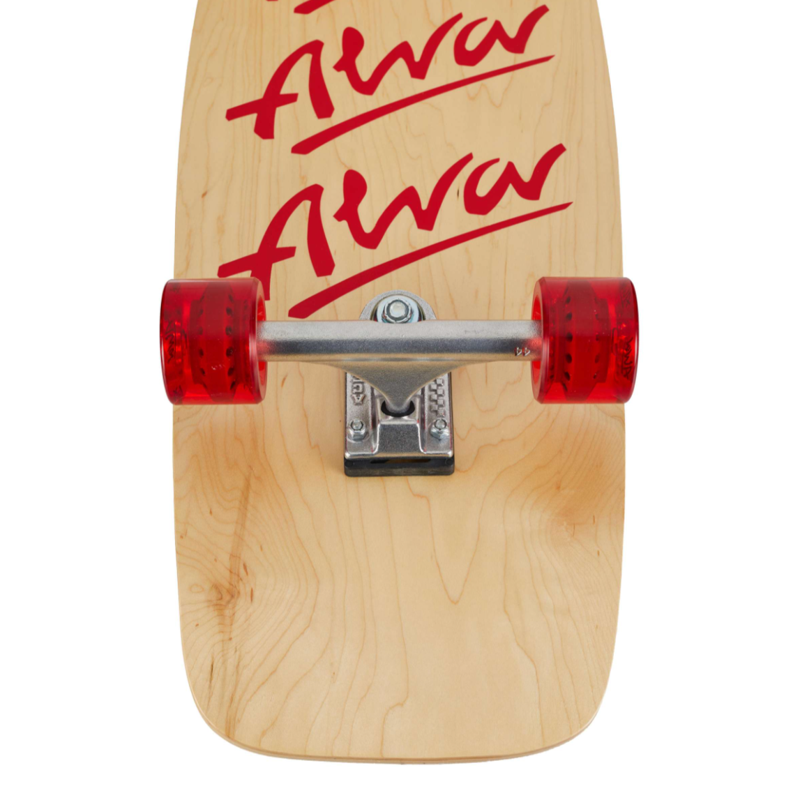 Wooden skateboard deck with red wheels and 'Alva' branding on a white background