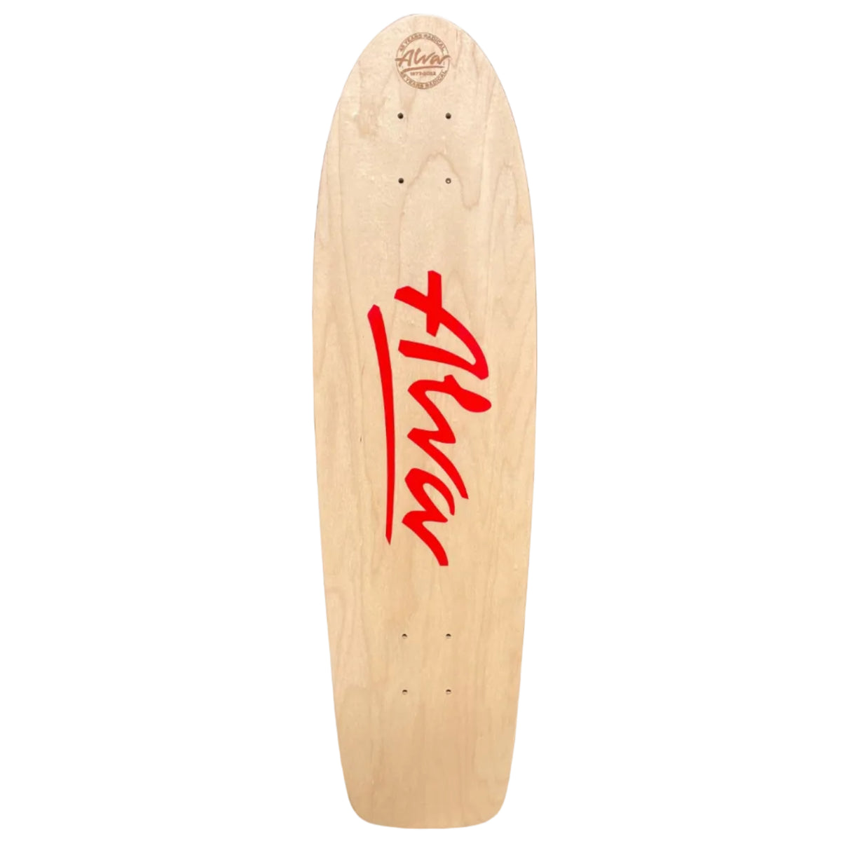 A natural wood longboard skateboard deck featuring a prominent red script graphic of the brand name 'alva' on the center, with a circular 'After Longboards' logo printed near the nose at the top.